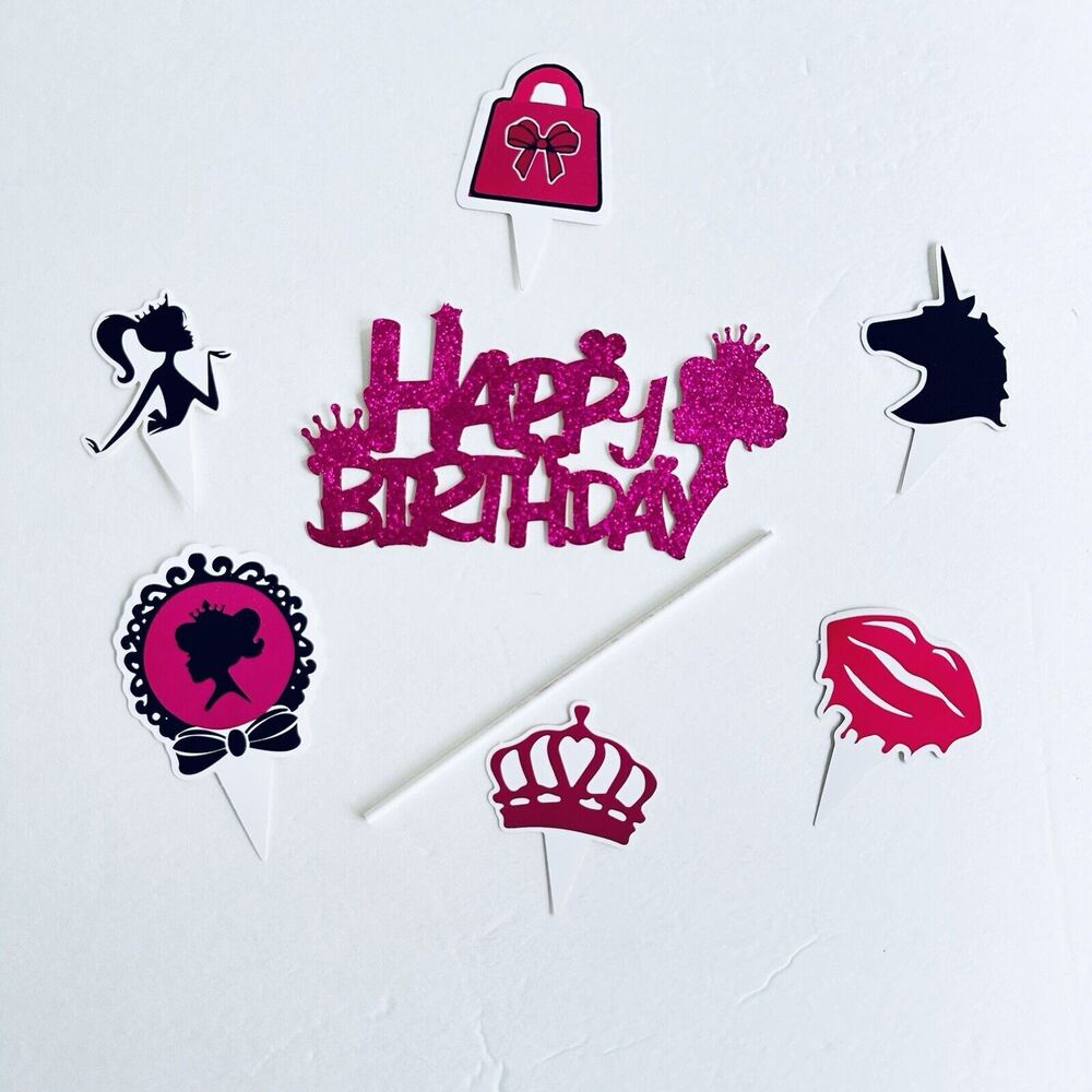 24pcs Princess Girl Cupcake Toppers & 1pc Happy Birthday Glitter Cake Topper